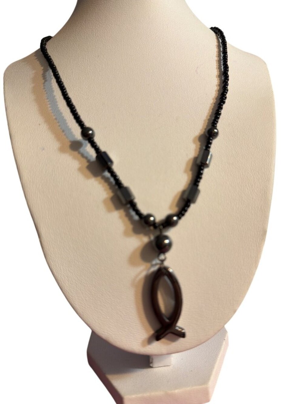 Hematite Beaded Necklace Fish Ichthus Charm Pendant Black Geometric Adj 19.5"